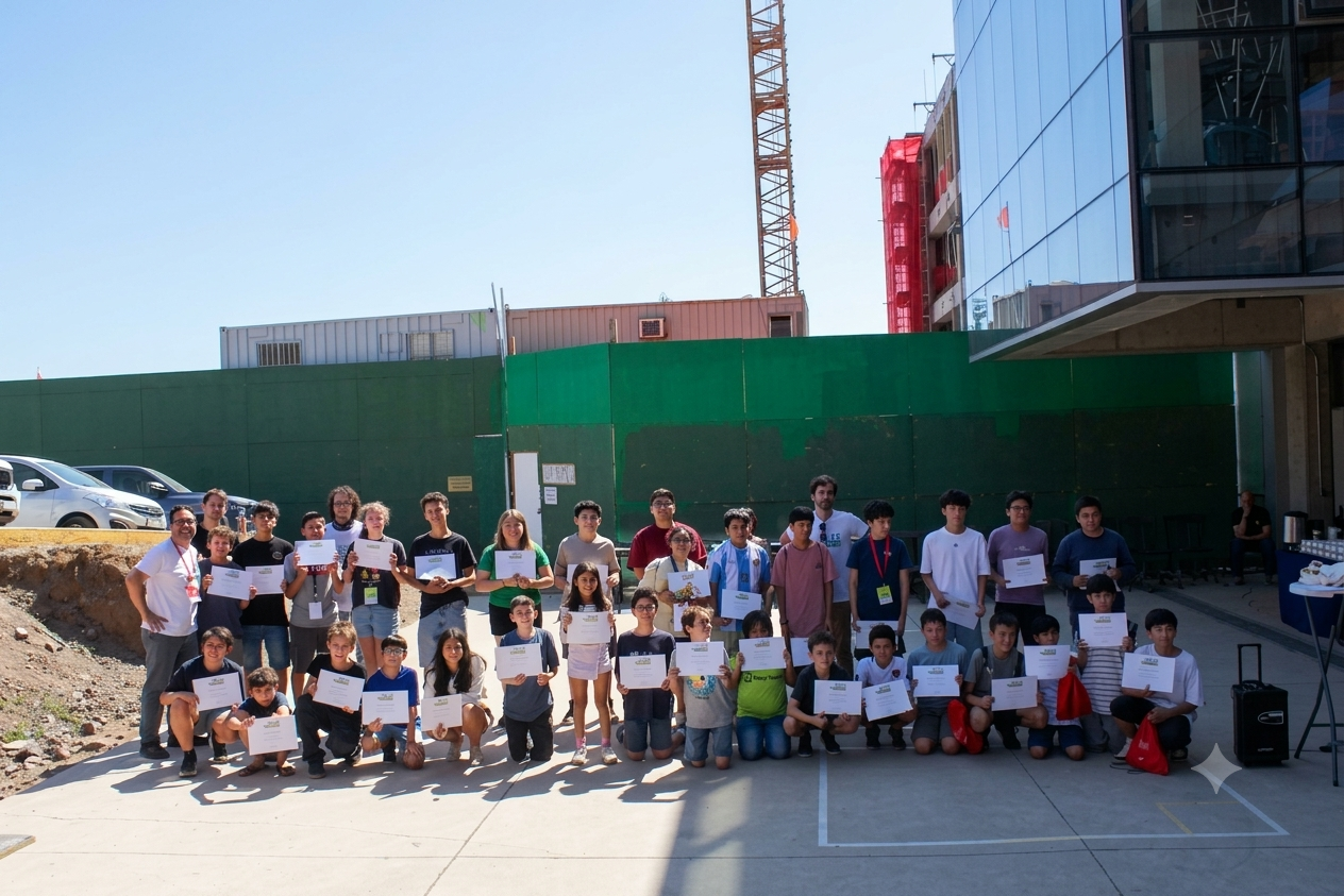 Estudiantes y ayudantes con sus diplomas frente al edificio de ingeniería